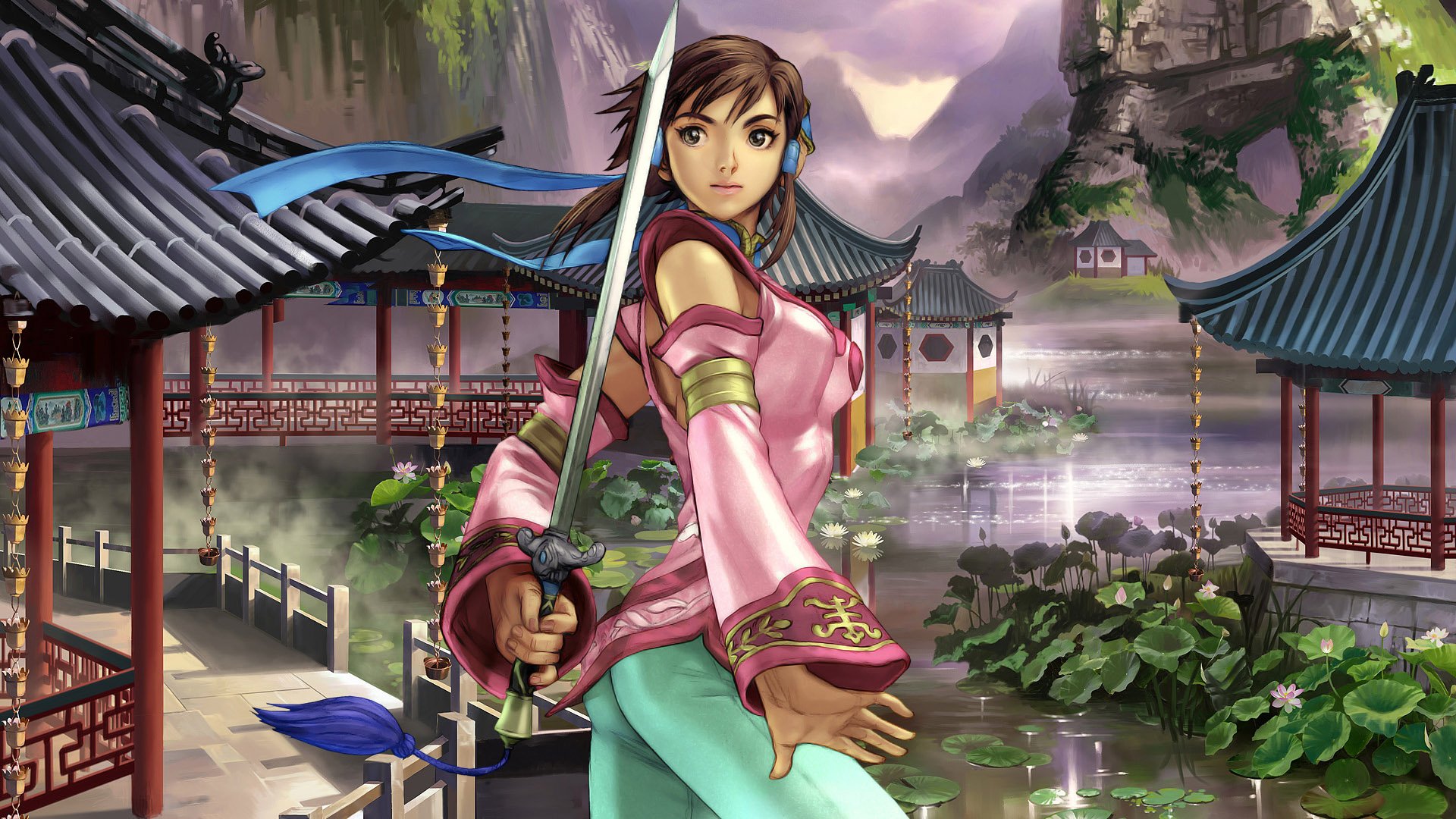 HD PC desktop wallpaper featuring Chai Xianghua from the video game SoulCalibur III, standing poised with her sword in a traditional Asian garden setting.
