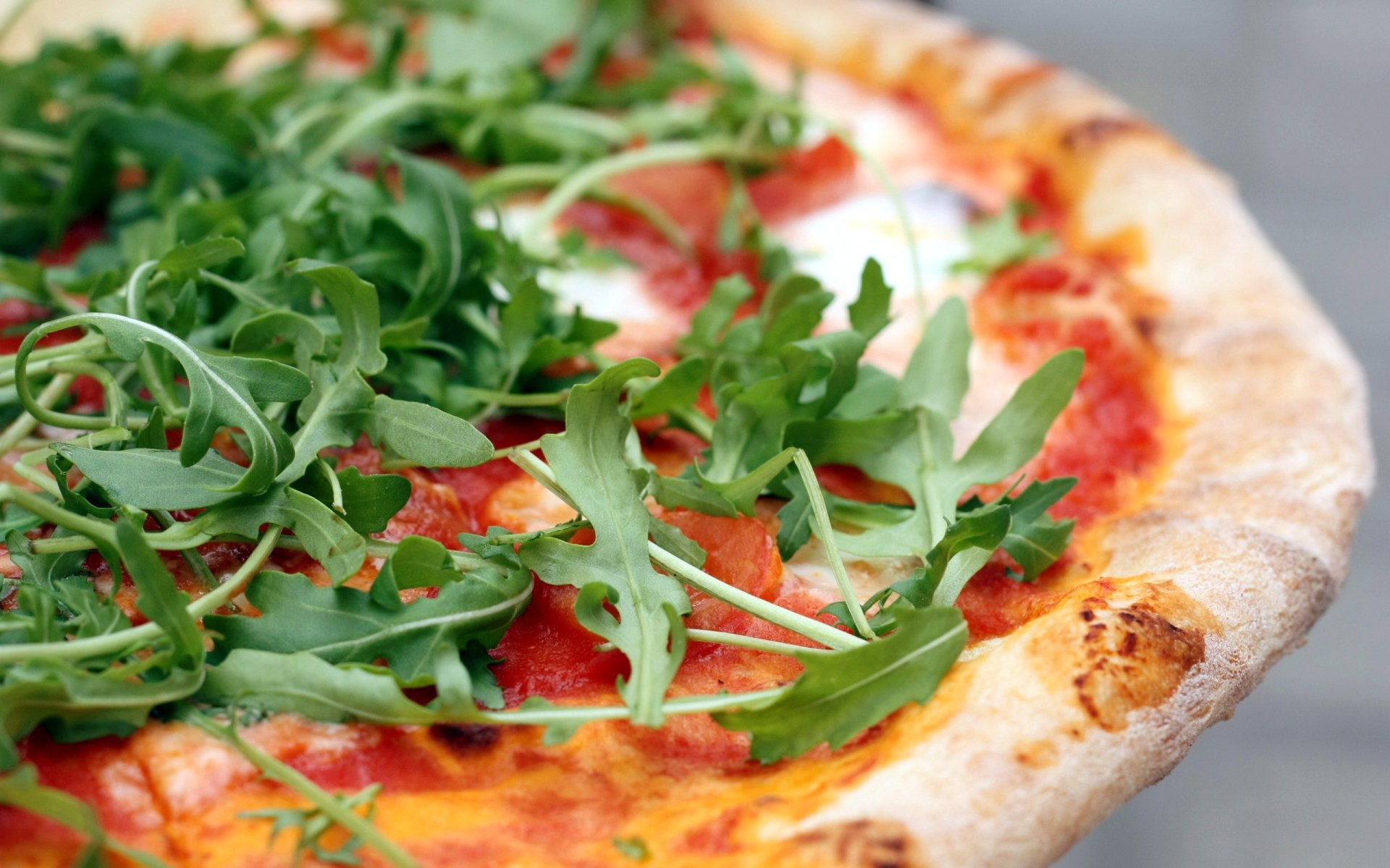 HD PC desktop wallpaper featuring a close-up of a freshly baked pizza topped with tomato sauce, cheese, and fresh arugula greens.