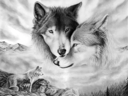 A high-definition desktop wallpaper featuring a detailed black and white illustration of wolves in a serene natural landscape.