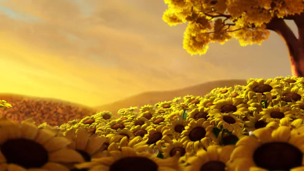 HD desktop wallpaper featuring a vibrant landscape of sprawling sunflower fields under a golden sunset, with a flourishing tree to the side.