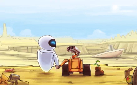 HD desktop wallpaper featuring Eve and Wall·E from the movie Wall·E, set in a desolate, yellow landscape with a small green plant growing nearby.