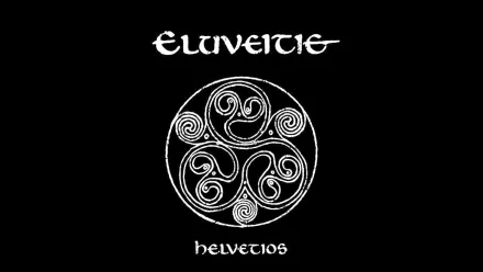 Eluveitie music HD PC desktop wallpaper — white Celtic triskelion emblem and band name on a black background with Helvetios beneath.