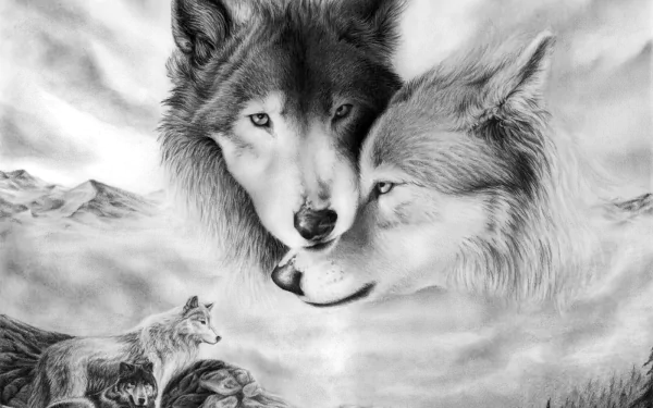HD desktop wallpaper featuring a detailed drawing of three wolves in a serene setting, ideal as a background.