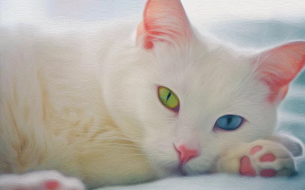 HD desktop wallpaper featuring a close-up of a white kitten with strikingly vibrant, mismatched eyes—one green and one blue—resting peacefully.