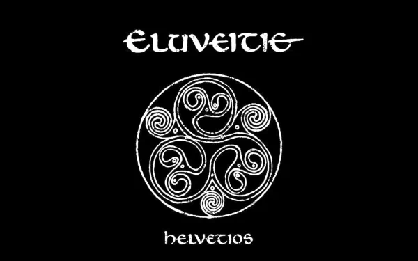 Eluveitie music HD PC desktop wallpaper — white Celtic triskelion emblem and band name on a black background with Helvetios beneath.
