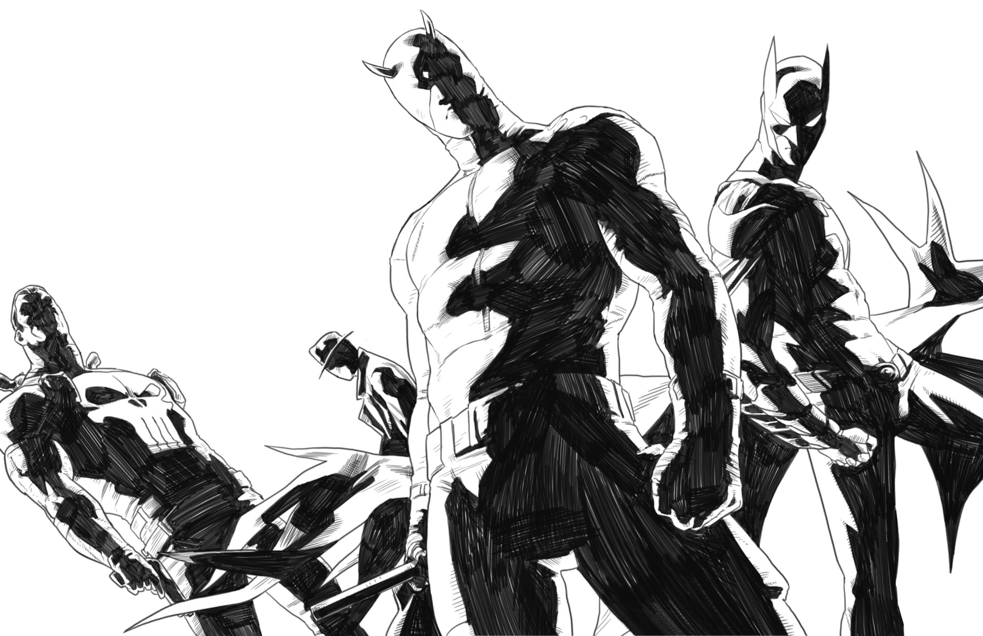 Black and white comic-style collage of Punisher, Daredevil, and Batman characters, designed as a 4K Ultra HD PC desktop wallpaper background.