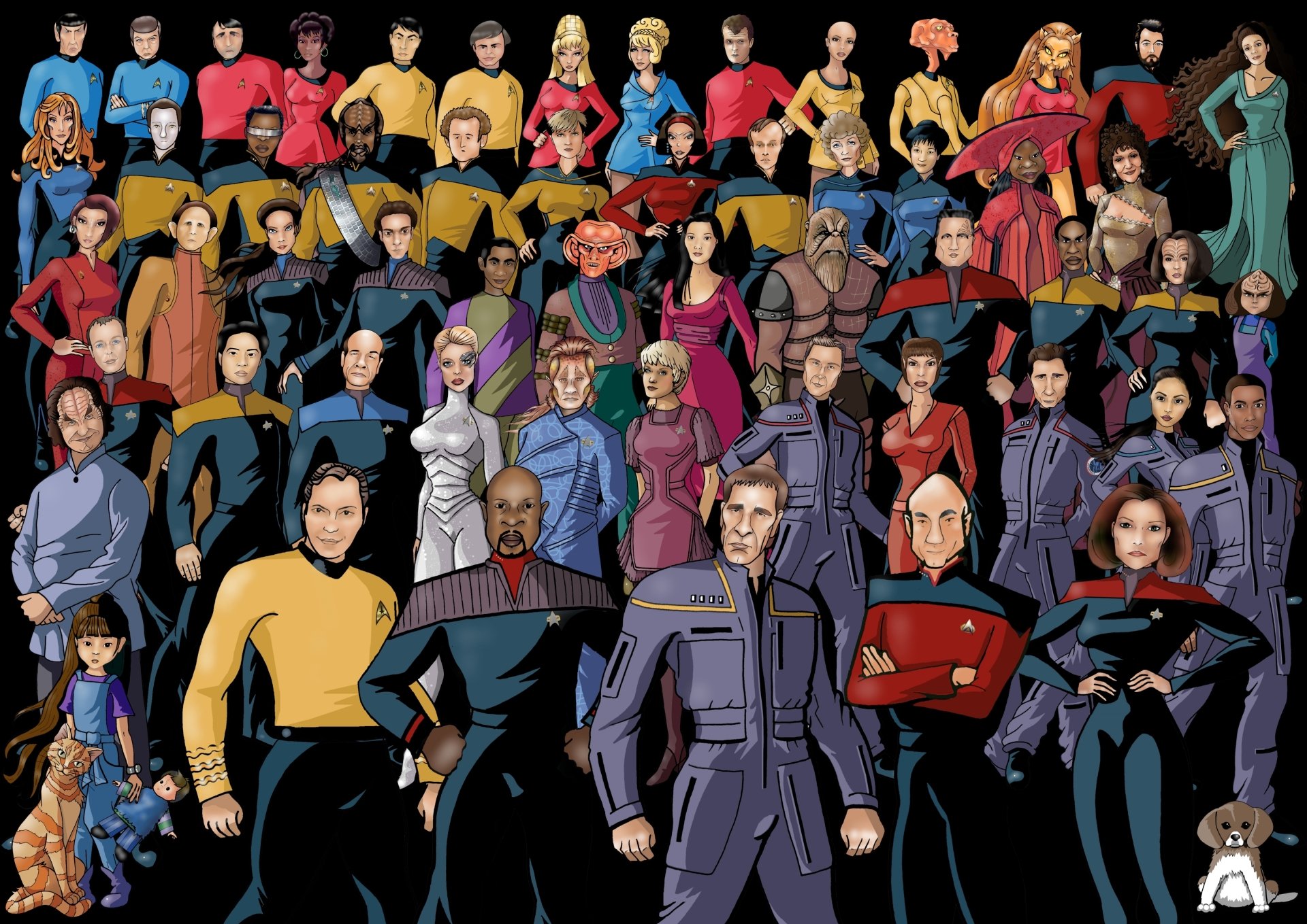 A vibrant HD desktop wallpaper featuring iconic characters from Star Trek, set against a dynamic backdrop, celebrating the rich universe of sci-fi adventure.