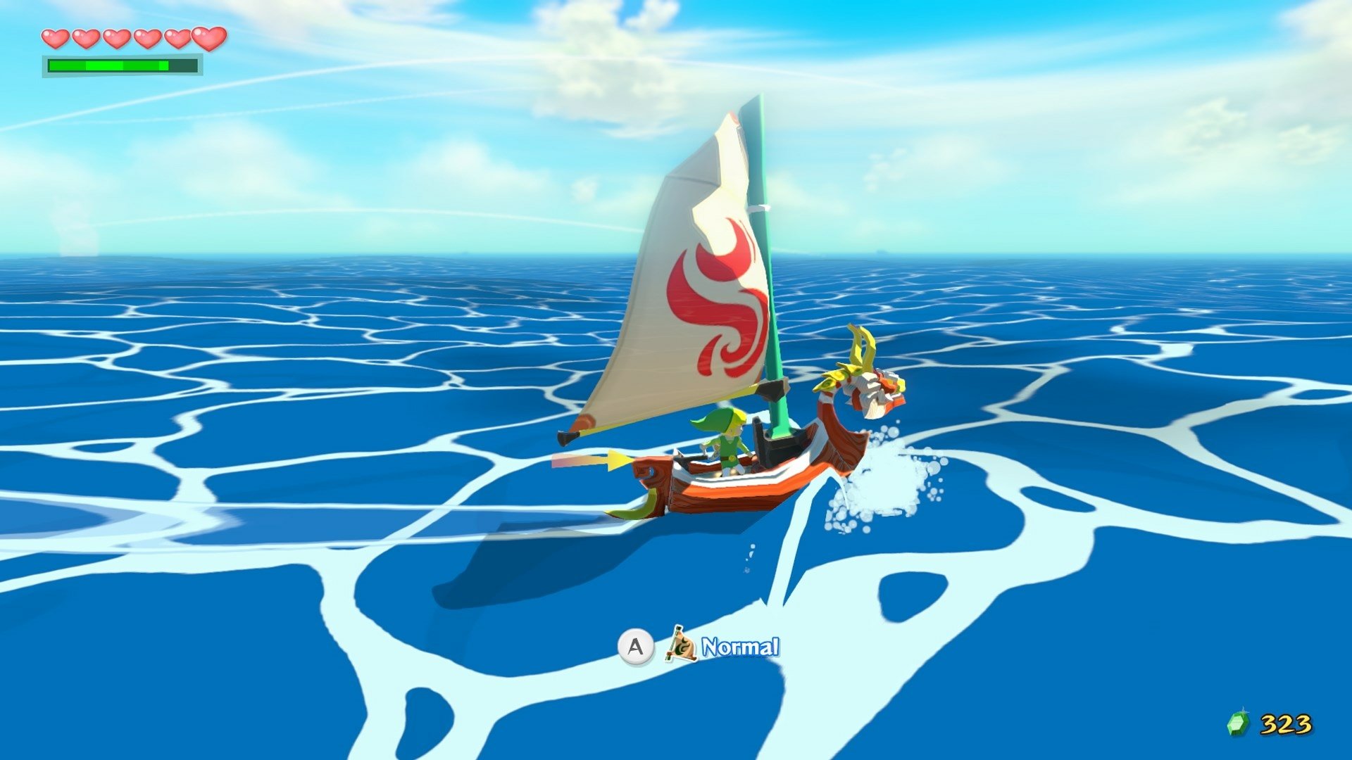 HD desktop wallpaper from The Legend of Zelda: The Wind Waker HD featuring a character sailing on the ocean.