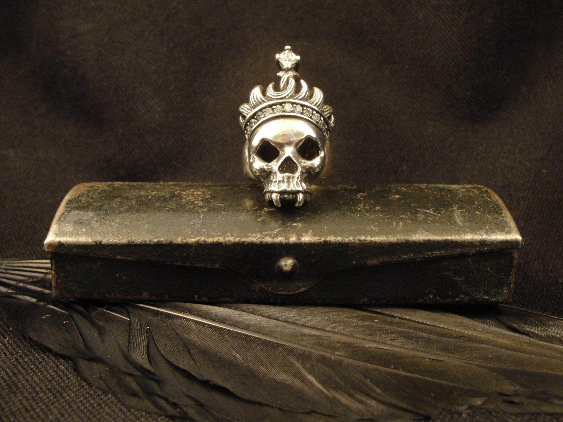 A dark, gothic-themed HD wallpaper featuring a silver skull crowned with a jeweled motif, perched on an antique box, evoking a mysterious vampire aesthetic.
