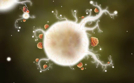 HD desktop wallpaper from the video game Botanicula featuring a glowing, branching central orb with small, organic shapes against a dark, blurred background.