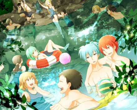 A vibrant HD wallpaper featuring characters from *Assassination Classroom*, including Tomohito Sugino, Sousuke Sugaya, and others enjoying a summer day by the water.