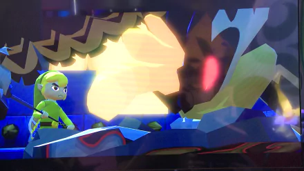 HD wallpaper of The Legend of Zelda: The Wind Waker featuring Link on a boat with a colorful, stylized backdrop.