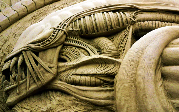 4K Ultra HD PC desktop wallpaper: close-up of a movie alien — biomechanical exoskeleton with ribbed, sinewy textures in muted sepia tones.