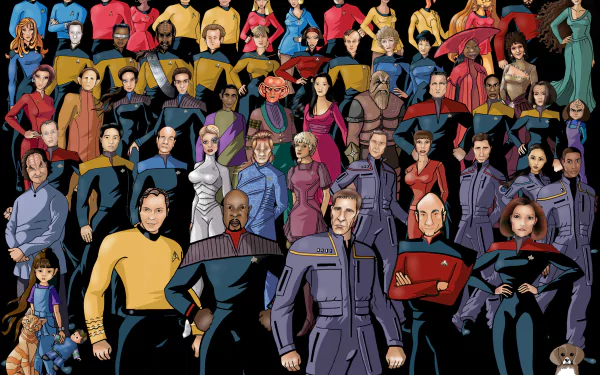 A vibrant HD desktop wallpaper featuring iconic characters from Star Trek, set against a dynamic backdrop, celebrating the rich universe of sci-fi adventure.