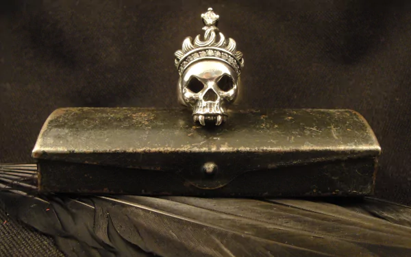 A dark, gothic-themed HD wallpaper featuring a silver skull crowned with a jeweled motif, perched on an antique box, evoking a mysterious vampire aesthetic.