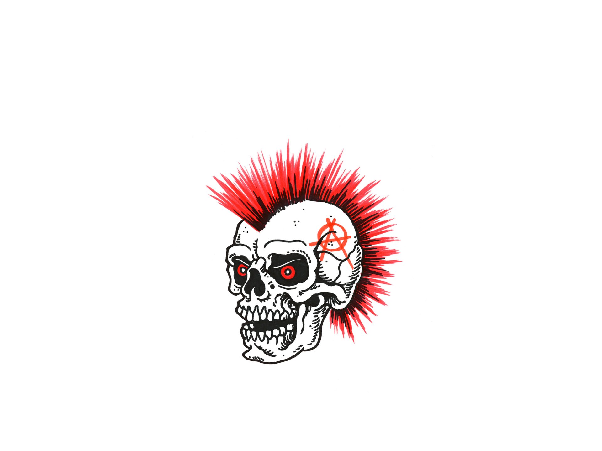 Dark anarchy 4K Ultra HD PC desktop wallpaper: a grinning punk skull with spiked red mohawk, glowing red eyes and anarchy symbol tattooed on its temple against a white backdrop.