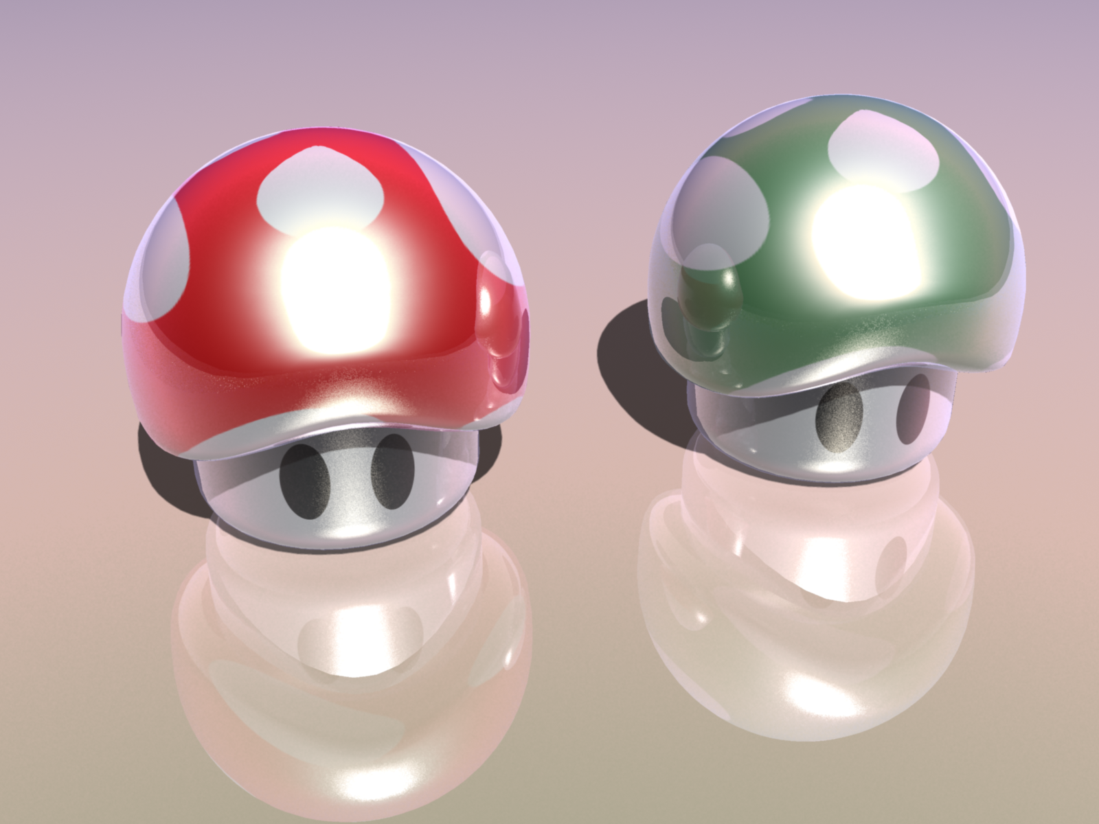 HD PC desktop wallpaper featuring two shiny 3D-rendered Mario mushrooms, one red and one green, against a soft, reflective surface background.