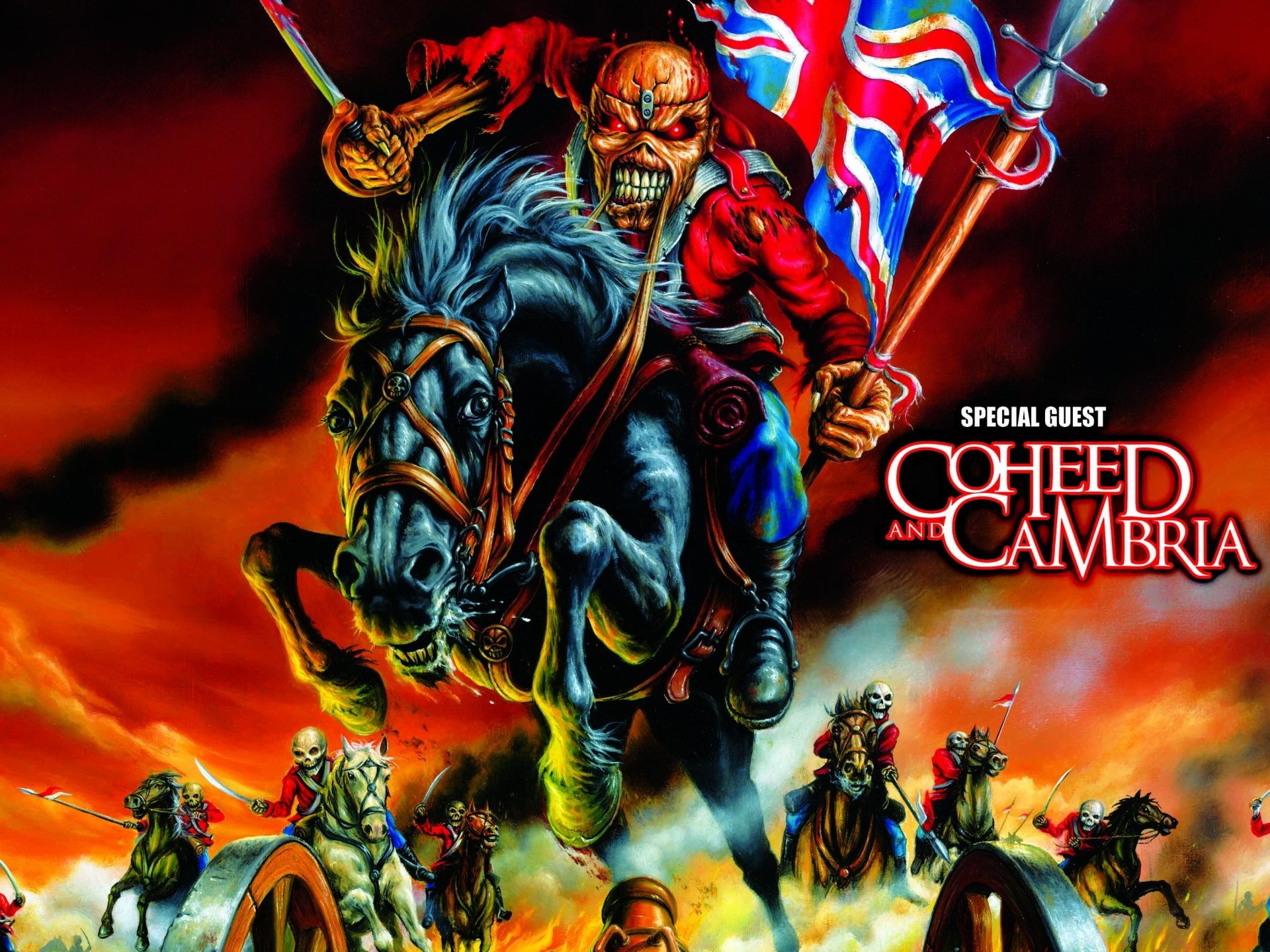 High-definition desktop wallpaper featuring Iron Maiden's iconic imagery, showcasing the band's mascot riding a horse amidst a dramatic scene, with Coheed and Cambria noted as a special guest.