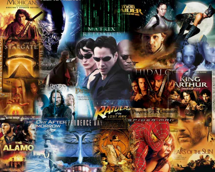HD PC desktop wallpaper collage featuring iconic movie characters and titles, including The Matrix, Stargate, Pirates of the Caribbean, Spider-Man, and King Arthur.