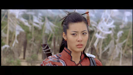Cinematic HD PC desktop wallpaper: close-up of a female movie warrior in red costume, a sheathed shadowless sword on her back, tense expression in a misty field.