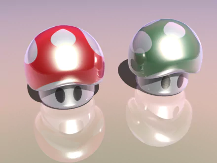 HD PC desktop wallpaper featuring two shiny 3D-rendered Mario mushrooms, one red and one green, against a soft, reflective surface background.