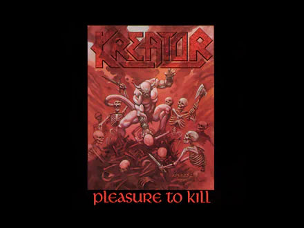 HD PC desktop wallpaper featuring Kreator's Pleasure to Kill album cover art with intense red tones and skeletal warriors in battle.