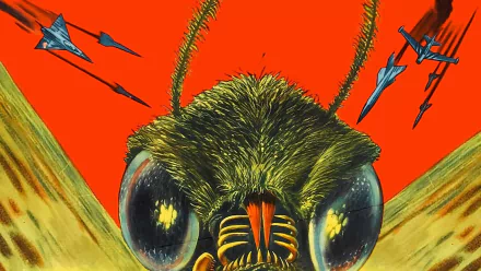 HD PC desktop wallpaper: movie poster-style close-up of Mothra's furry face and giant eyes with antennae against a vivid red sky as fighter jets swoop overhead.