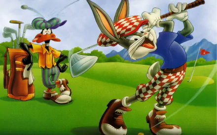 Daffy Duck watches as Bugs Bunny swings a golf club, set against a vibrant green course in this HD Looney Tunes desktop wallpaper.