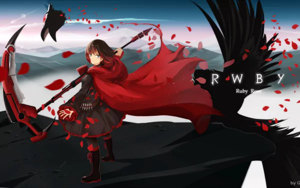 HD PC desktop wallpaper featuring Ruby Rose from RWBY in red anime style, surrounded by rose petals and dark beastly shadows against a dramatic landscape.