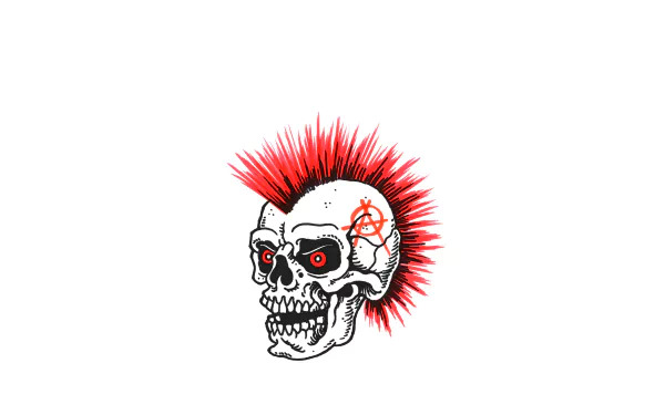 Dark anarchy 4K Ultra HD PC desktop wallpaper: a grinning punk skull with spiked red mohawk, glowing red eyes and anarchy symbol tattooed on its temple against a white backdrop.