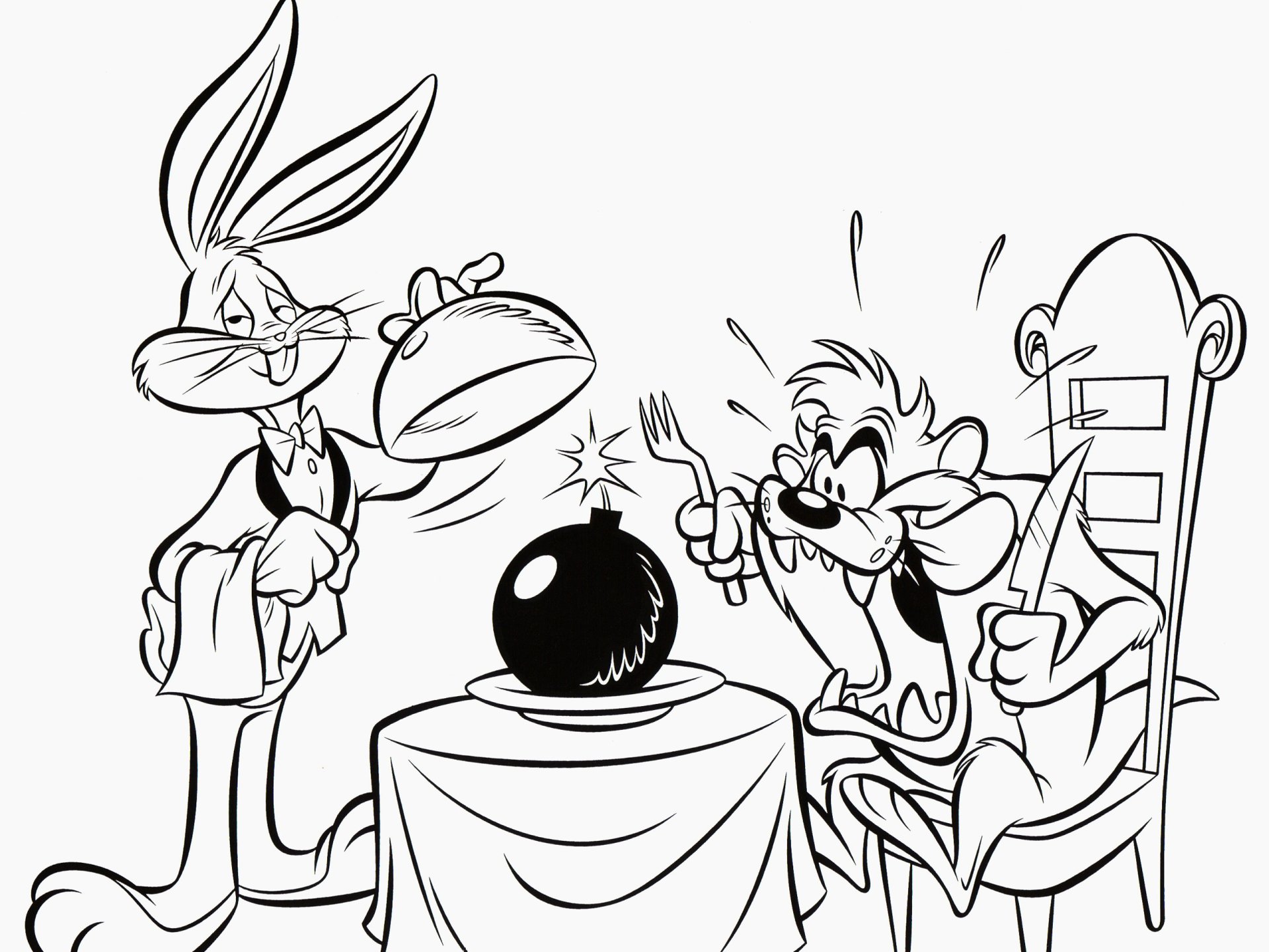Black and white HD desktop wallpaper featuring Looney Tunes characters Bugs Bunny and Tasmanian Devil in a TV show scene.