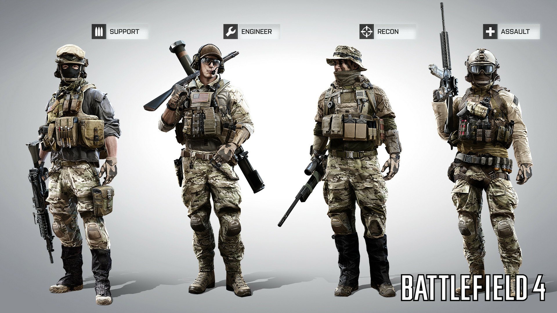 Battlefield 4 video game HD PC desktop wallpaper showing four class soldiers—Support, Engineer, Recon, Assault—in modern combat gear standing side by side.