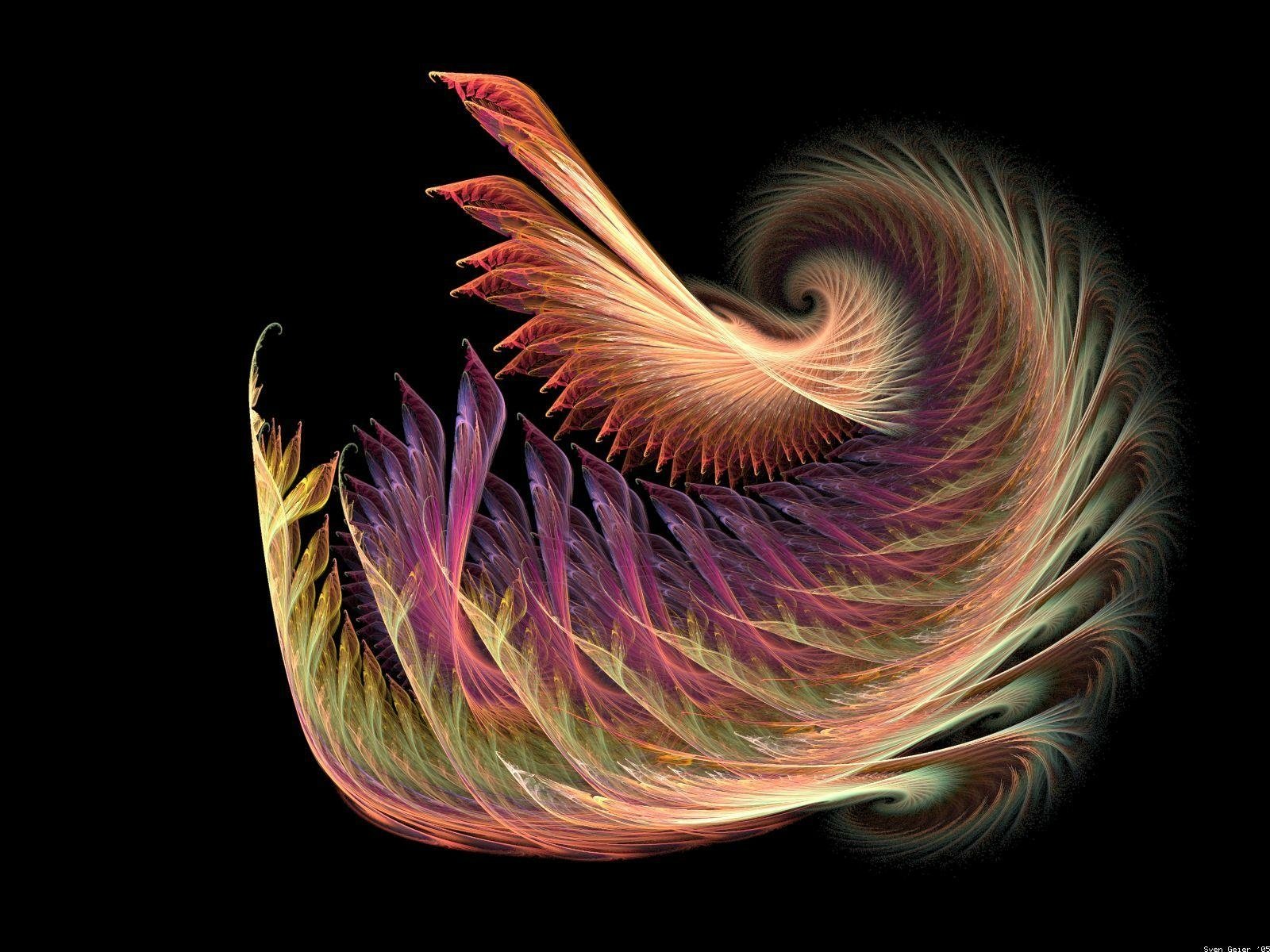 Abstract fractal design with flowing, feather-like shapes in warm hues, displayed as a vibrant HD PC desktop wallpaper and background.