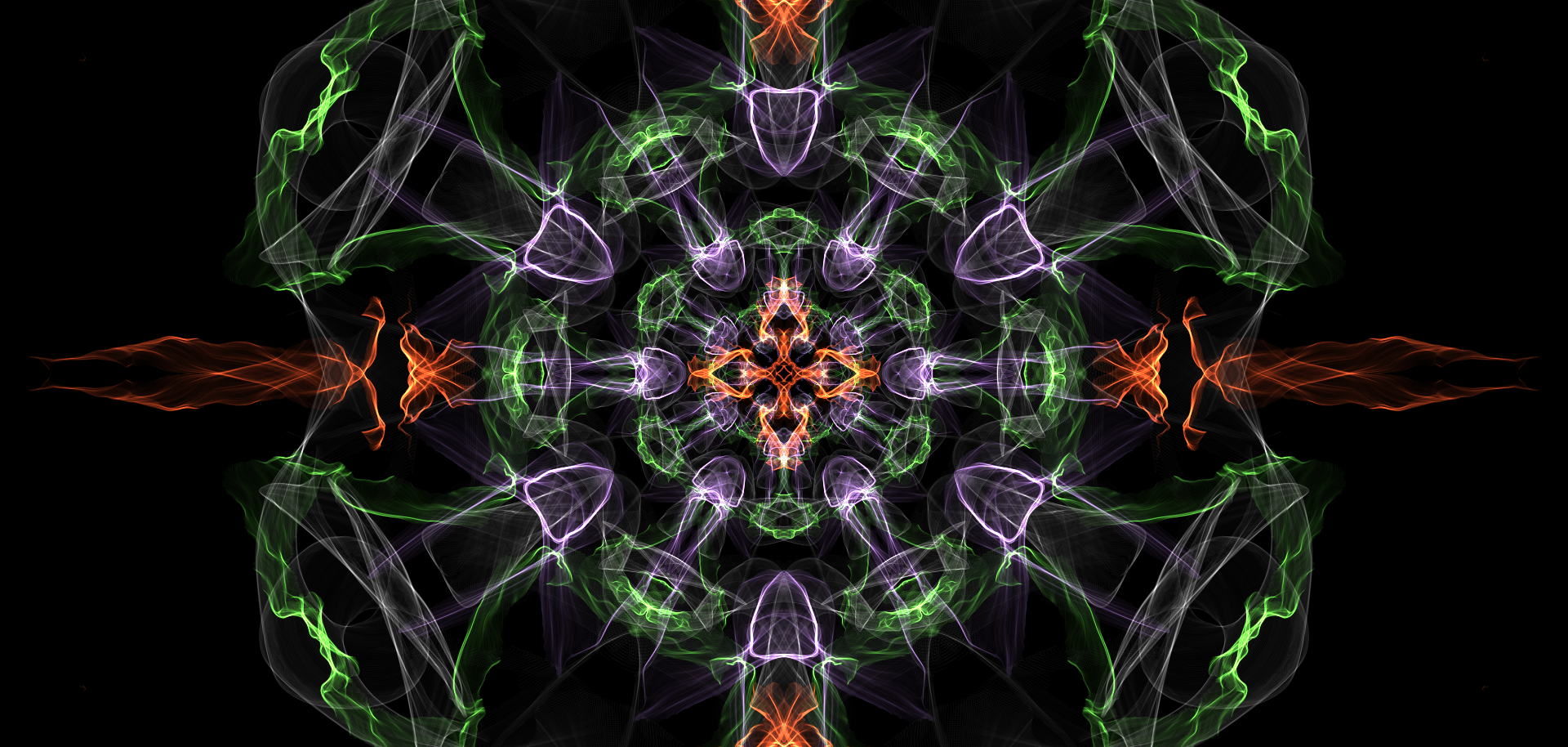 HD PC desktop wallpaper featuring an abstract generative design with vibrant green, purple, and orange symmetrical patterns on a black background.