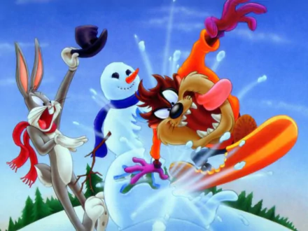 Bugs Bunny and the Tasmanian Devil playfully interact with a snowman in this colorful HD wallpaper from the Looney Tunes TV show, capturing a whimsical and fun winter scene.