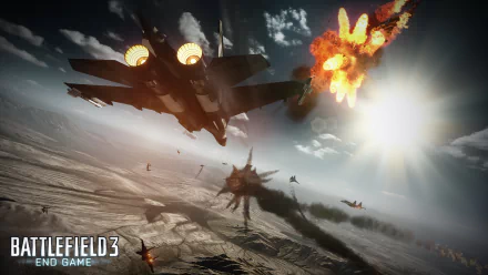 HD PC desktop wallpaper from Battlefield 3: End Game, featuring fighter jets soaring over a desert battlefield with explosions and dramatic lighting.