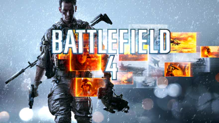 HD PC desktop wallpaper for the video game Battlefield 4: rain-soaked soldier holding a rifle amid glowing orange combat vignettes and the game logo.