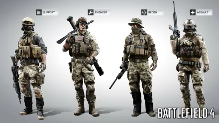 Battlefield 4 video game HD PC desktop wallpaper showing four class soldiers—Support, Engineer, Recon, Assault—in modern combat gear standing side by side.