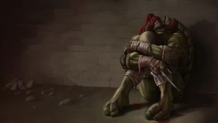 Raphael from Teenage Mutant Ninja Turtles sits in a dimly lit corner, embracing his knees, showcasing a moment of vulnerability. HD wallpaper for fans of the TMNT TV show.