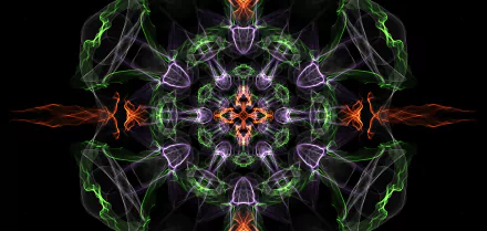HD PC desktop wallpaper featuring an abstract generative design with vibrant green, purple, and orange symmetrical patterns on a black background.