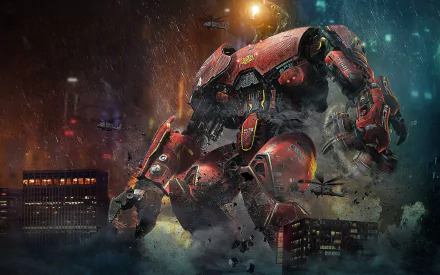 A striking HD wallpaper featuring a colossal robot from the movie Pacific Rim, towering over a cityscape amidst explosions and chaos, capturing the epic battle against monstrous foes.