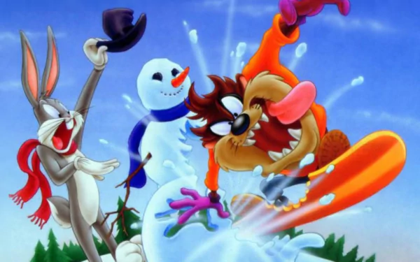 Bugs Bunny and the Tasmanian Devil playfully interact with a snowman in this colorful HD wallpaper from the Looney Tunes TV show, capturing a whimsical and fun winter scene.
