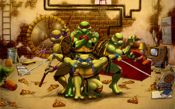 In a gritty sewer backdrop, the Teenage Mutant Ninja Turtles—Raphael, Donatello, Leonardo, and Michelangelo—strike a dynamic pose amidst scattered pizza and comic-themed decor.
