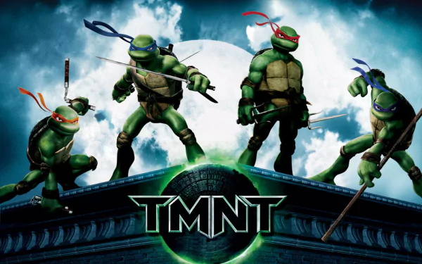 HD desktop wallpaper of Raphael, Donatello, Leonardo, and Michelangelo from the 2007 TMNT movie, poised for action under a stormy sky.