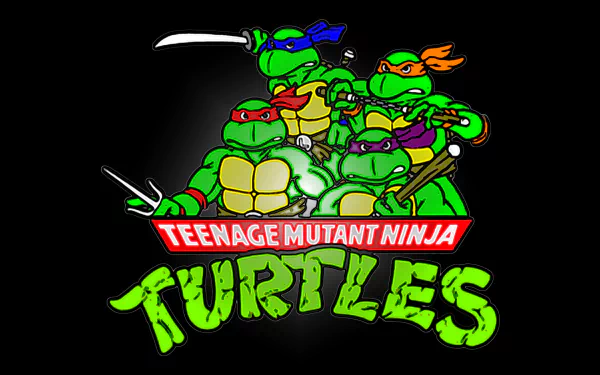 Four Teenage Mutant Ninja Turtles—Raphael, Donatello, Leonardo, and Michelangelo—pose together in a vibrant HD wallpaper, showcasing their iconic characters and the classic TV show logo.