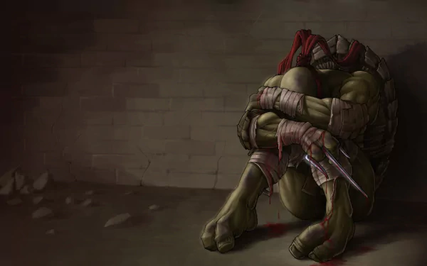 Raphael from Teenage Mutant Ninja Turtles sits in a dimly lit corner, embracing his knees, showcasing a moment of vulnerability. HD wallpaper for fans of the TMNT TV show.