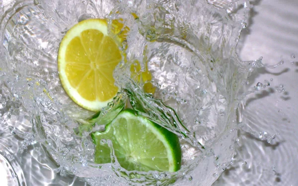 HD desktop wallpaper featuring lemon and lime slices splashing in water, offering a refreshing fruit-themed background.