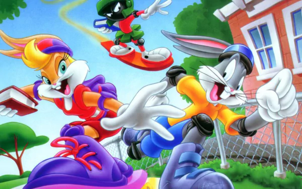 Colorful HD wallpaper featuring Marvin the Martian, Lola Bunny, and Bugs Bunny in a dynamic scene full of action, showcasing characters from the beloved Looney Tunes TV show.