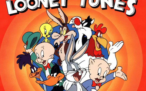 A vibrant HD desktop wallpaper featuring iconic Looney Tunes characters, including Bugs Bunny, Daffy Duck, Tweety, and more, surrounded by a striking orange backdrop.