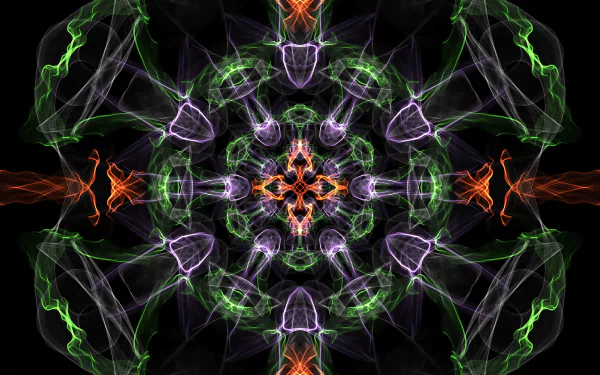 HD PC desktop wallpaper featuring an abstract generative design with vibrant green, purple, and orange symmetrical patterns on a black background.